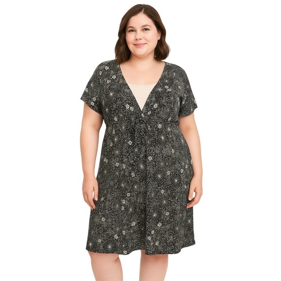 Notations Dress Size 1X Black Swirl Pullover Drawstring V-Neck Stretch Floral - Picture 1 of 11